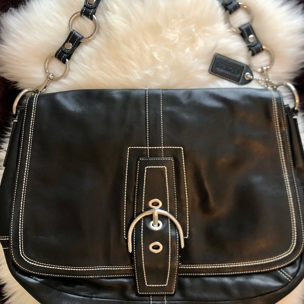 Coach black leather with leather/metal strap purse/laptop/work bag